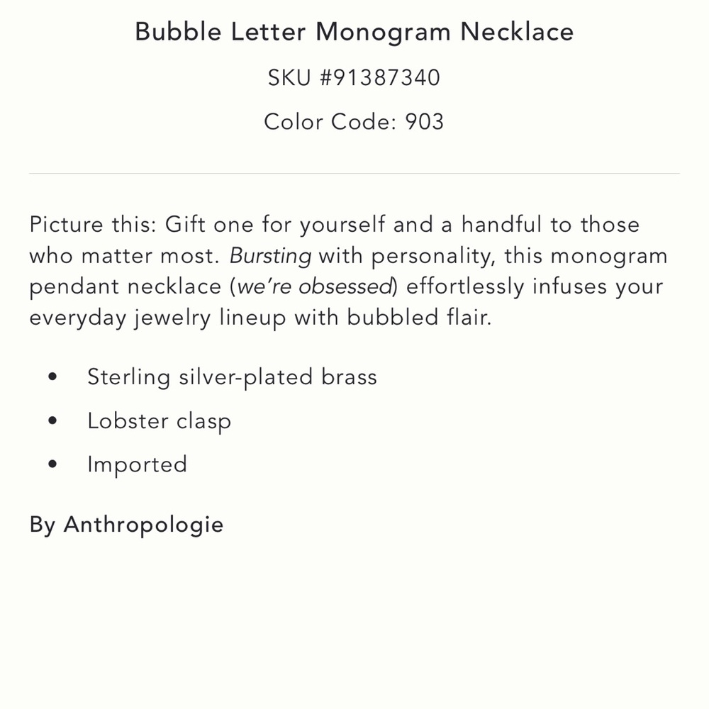 Anthropologie bubble letter necklace - letter C - Picture 2 of 4